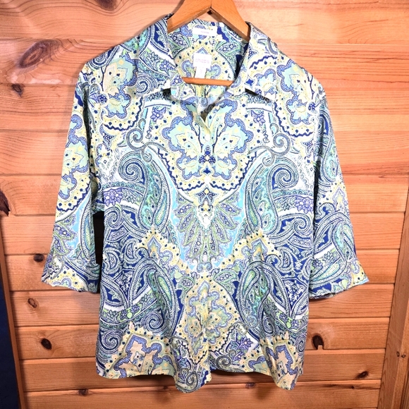 Chico's Tops - Chico's Cotton Button Up 3/4 Sleeve Shirt Paisley Blue Womens 3/XL Office